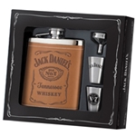 Jack Daniels Brown Leather Covered Flask-Shot Glasses and Funnel Gift Set 8478